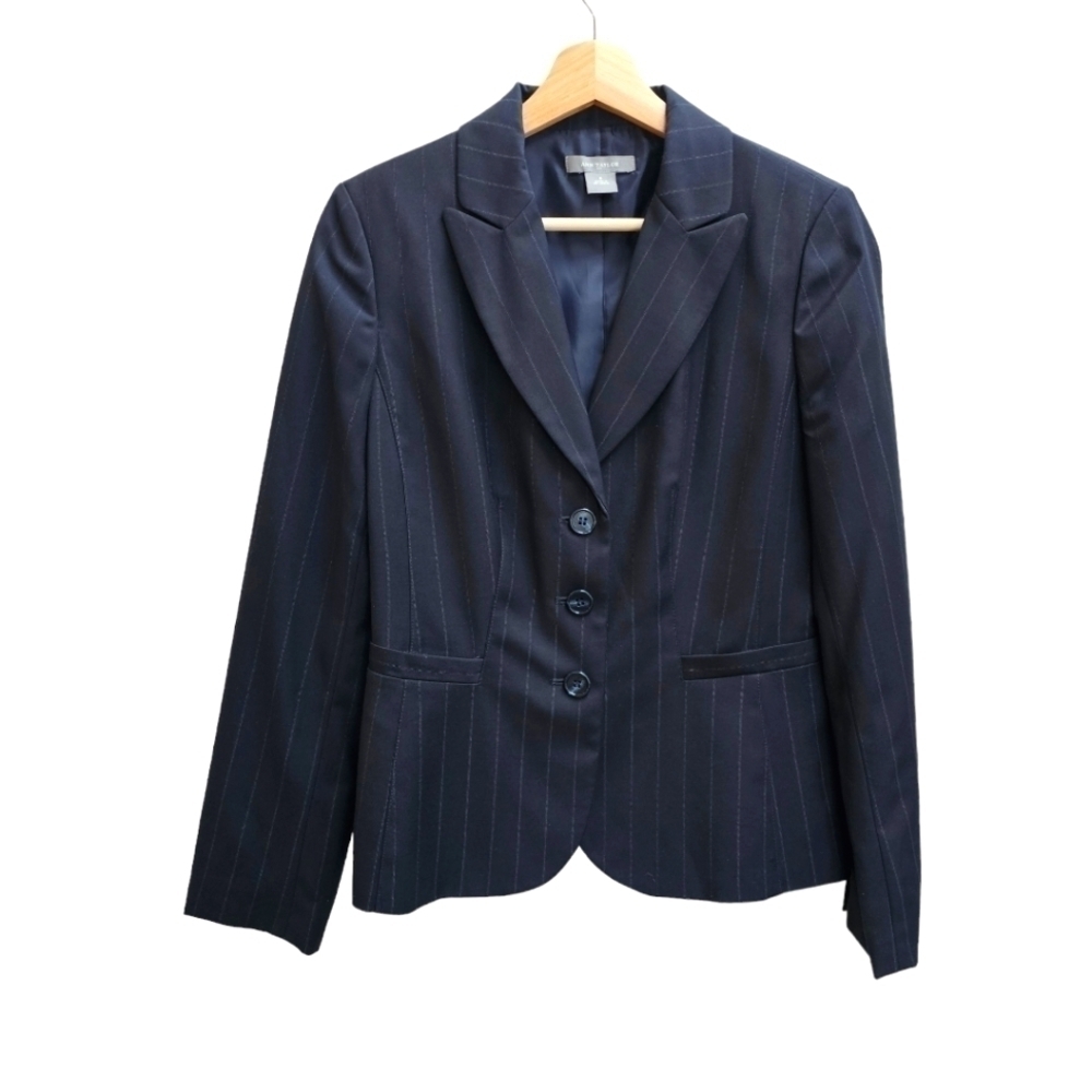 Ann Taylor Navy Wide Pin Stripe Blazer, Single Breasted 3 Buttons, Size Small